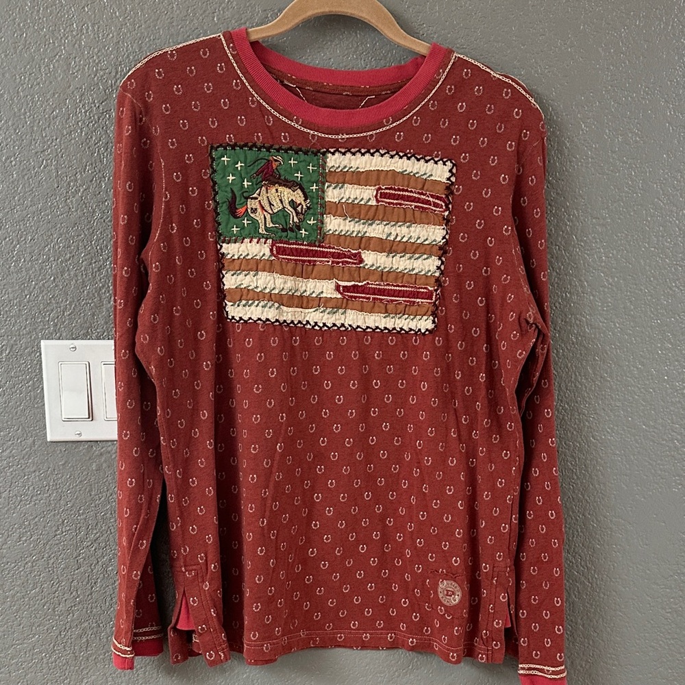 Double D Ranch Red Long Sleeve with Flag Design
